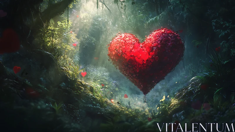 Large red crystalline heart structure suspended in dense forest environment.