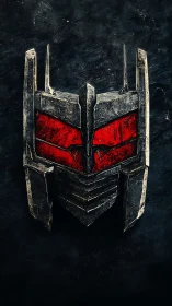 Weathered metallic robotic mask with red insets is centered