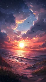 Dramatic digital sunset over ocean shore with clouds.