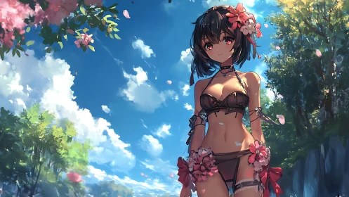 Blossom warrior girl strolls beneath a sky of drifting petals