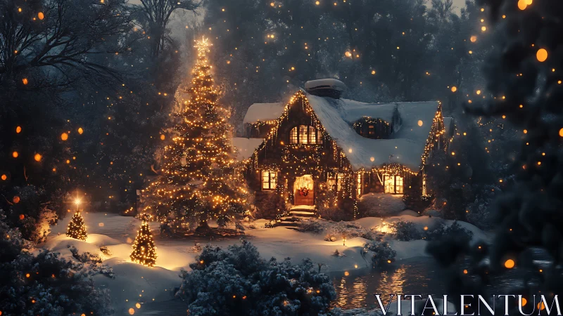 Snowy cottage glows under golden Christmas lights at dusk.