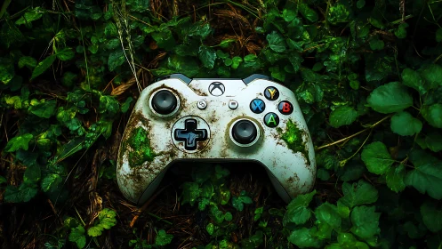 Weathered white game controller rests in lush foliage