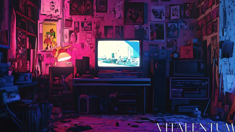 Neon-lit retro media room isolates CRT display amid cluttered walls