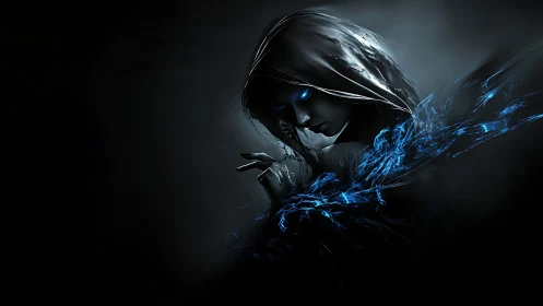 Hooded figure with blue energy rendered in dark digital art