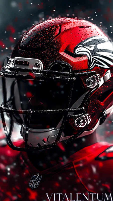 Red football helmet close-up with visor and raindrops detail.
