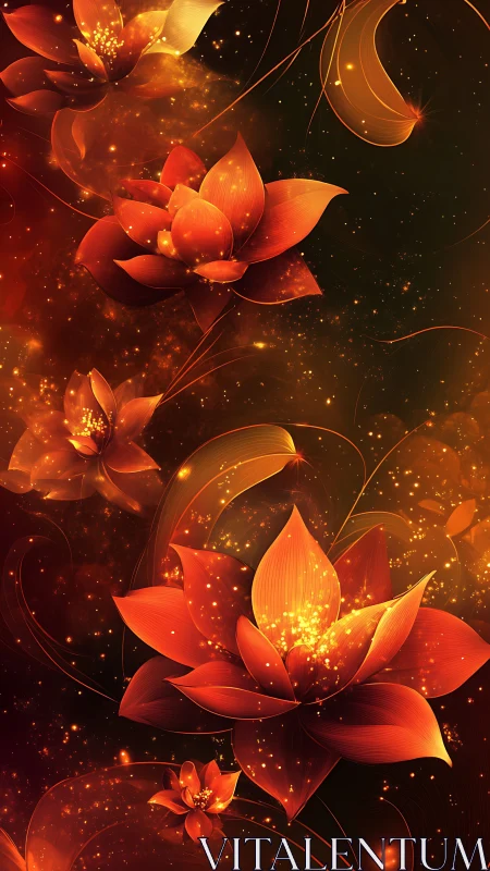 Luminescent Lotus Flowers with Particle Effects Against Dark Background