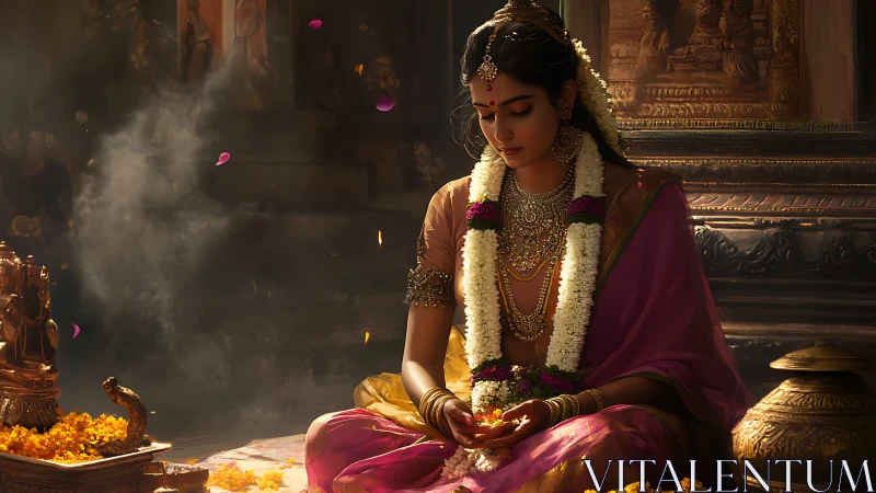 Graceful temple devotee in soft golden morning light.
