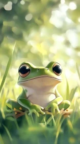 Green tree frog sitting calmly in soft forest light.