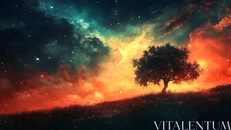 Lone tree crowns blazing cosmic horizon under nebula sky.