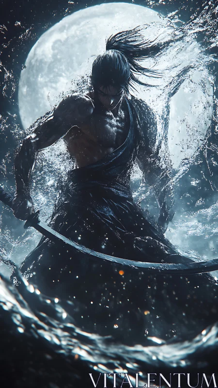 Samurai warrior rising from stormy water under full moon.