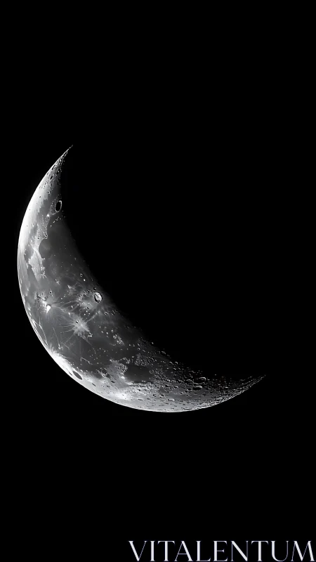 Crescent moon close-up with sharp craters in deep space.