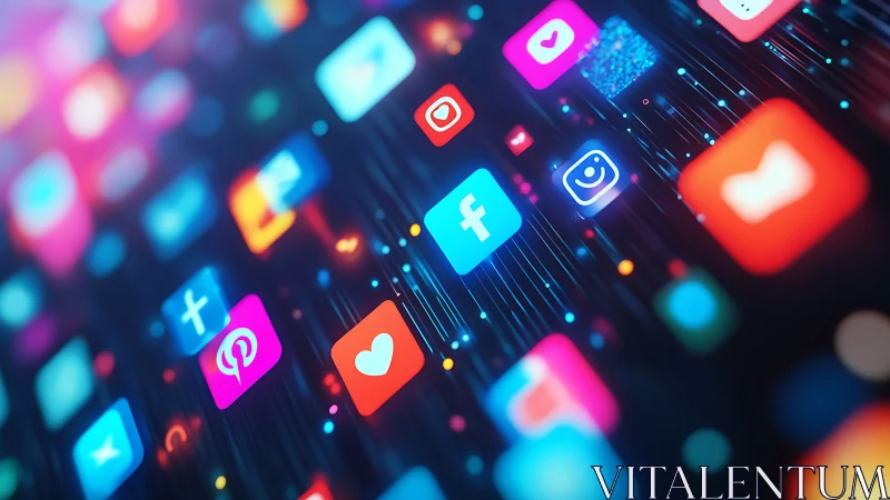 Social media icons glow across neon digital network grid.