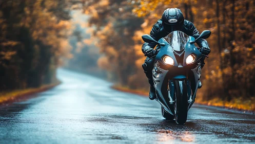 Sport motorcycle accelerates down wet forest road at dusk