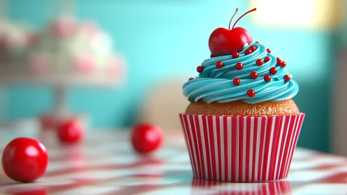 Whimsical Confection Crowned With Cherry Atop Swirled Frosting