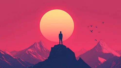 Silhouette on peak against oversized sun in neon dusk sky