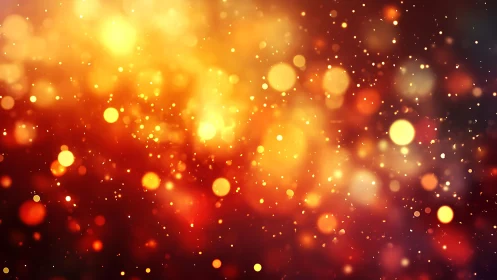 Glowing golden bokeh lights on warm red abstract background.