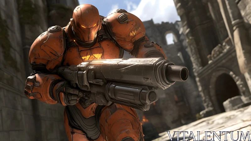 Armored figure advances with large sci fi weapon in ruins