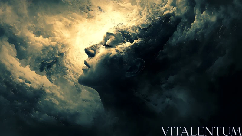 Human profile merged with luminous abstract cloud mass.