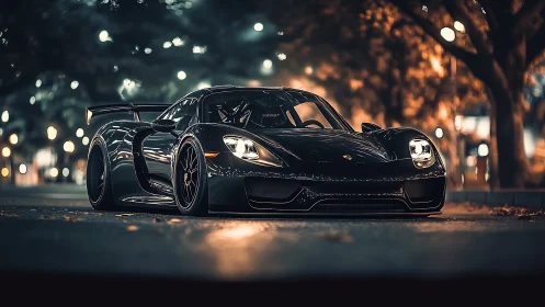 Low-slung black supercar under city night lights.