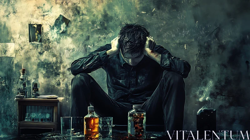 Digital painting of despair in dim urban interior composition.