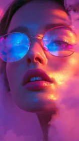 Neon-lit portrait reflects dreamy colors in mirrored glasses.