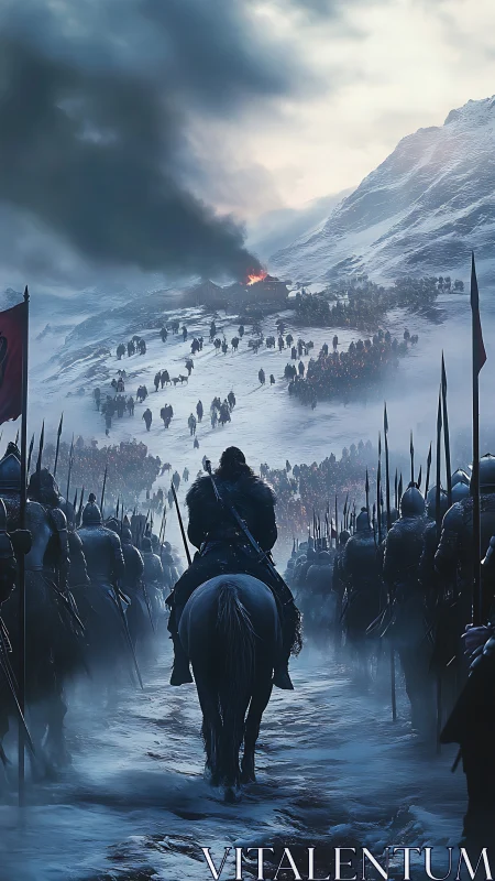 Snowbound army advances toward a burning mountain stronghold