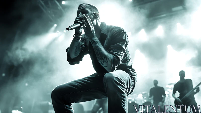 Stormlit frontman roars under neon haze on live stage.