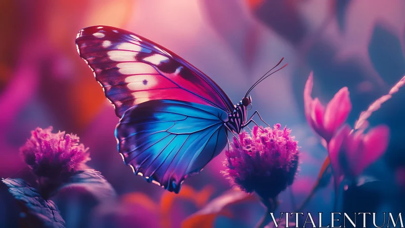 Iridescent butterfly poised on neon blossoms at dusk.