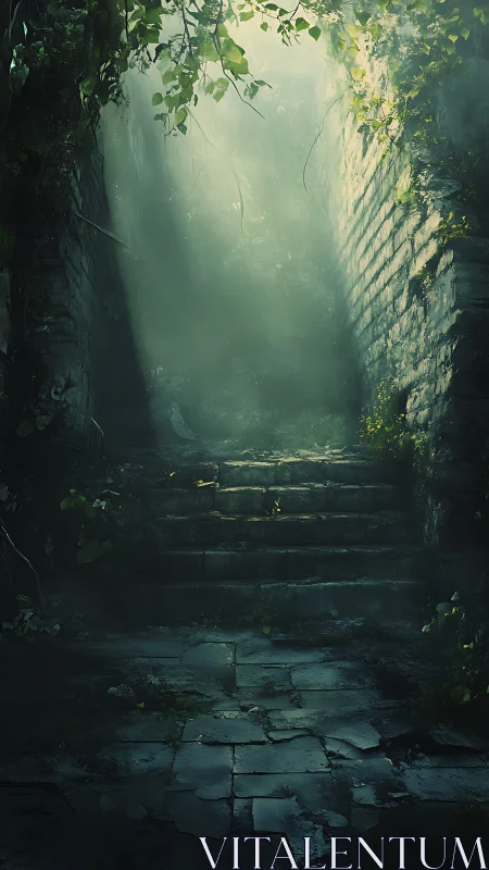 Misty stone stairway ascends toward a hidden forest light.