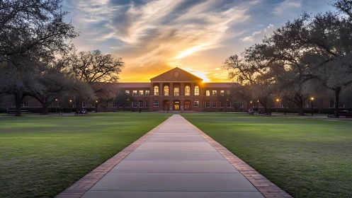 Sunset walkway toward symmetrical red-brick campus hall.