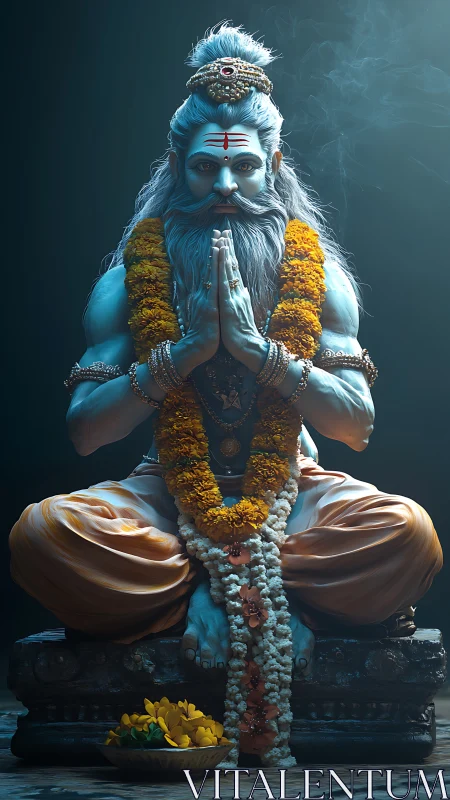 Serene blue sage in marigold garlands and meditative glow.