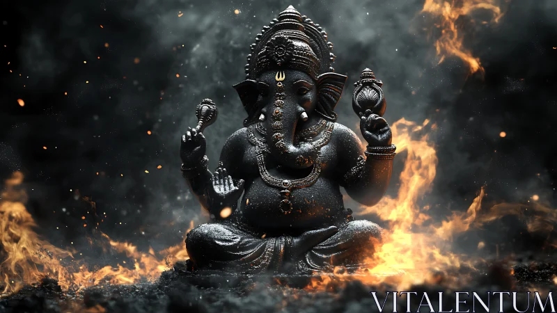 Ember-lit Ganesha meditates calmly within swirling fire