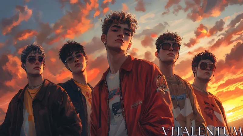Stylized youth group under vivid cinematic sunset sky