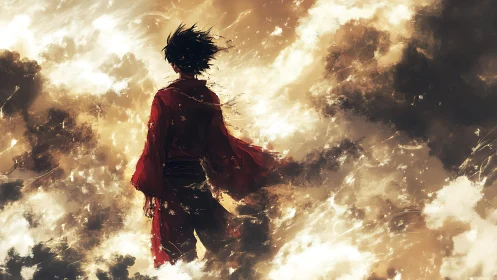 Solitary figure in red robe amid turbulent cloudscape.