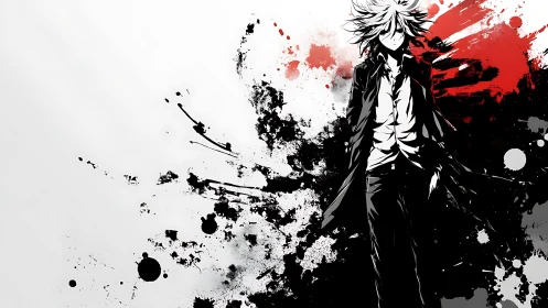 Stoic anime figure amid bold black and red splashes.