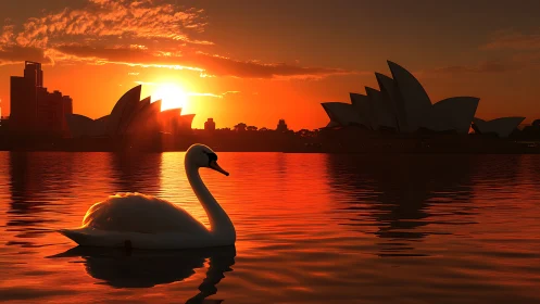 Swan silhouette gliding before fiery Sydney sunset skyline.