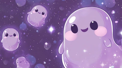 Multiple translucent purple blob characters float in space