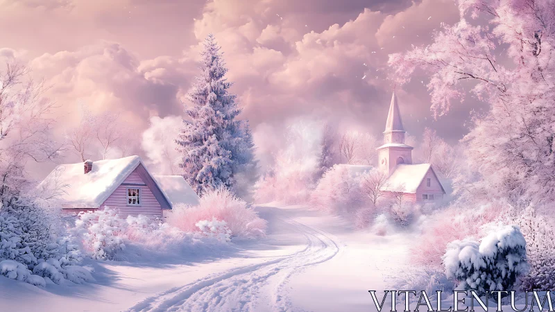 Pink winter village with cottages and church in snow.