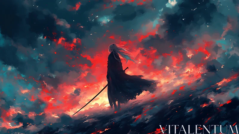 Solitary sword figure against turbulent red blue sky.