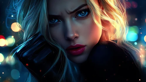 Close night portrait of blonde woman in blue city lights.