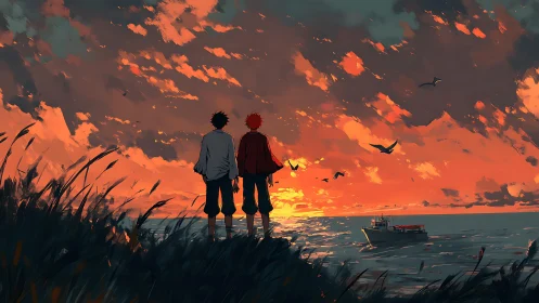 Two quiet friends share a glowing seaside sunset horizon