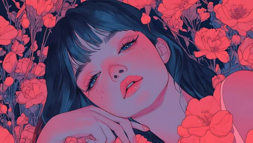 Female portrait in stylized floral frame with cool contrast.
