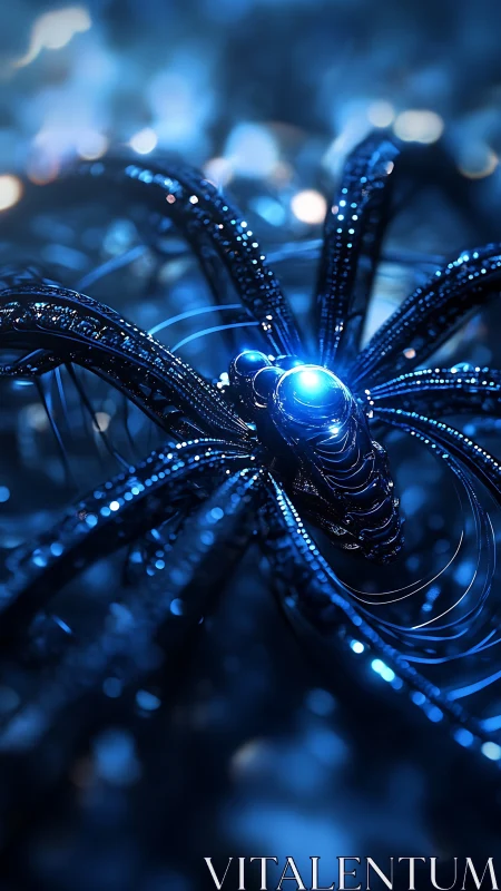 Luminous cybernetic spider core in deep blue haze.