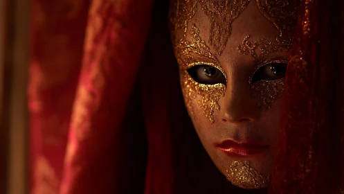 Gilded Venetian mask portrait rendered in dramatic chiaroscuro