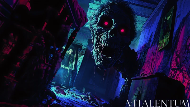 Rotting skeletal entity crawls through neon‑lit horror corridor