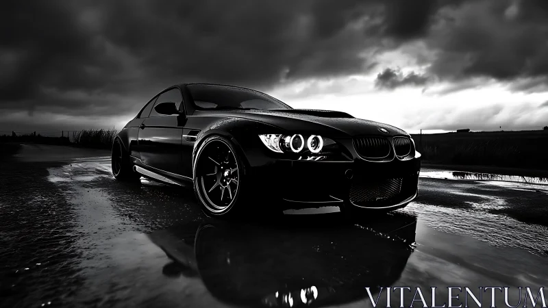 Sleek sports coupe glows against stormy, reflective roadway.