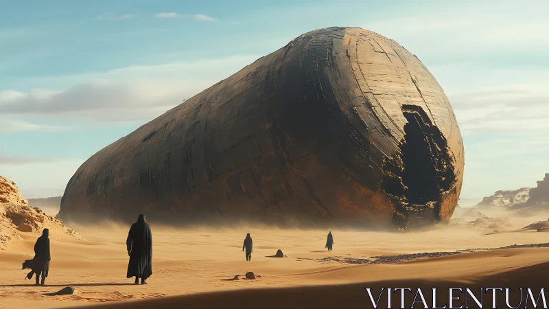 Monolithic starwreck in desolate desert panorama composition.