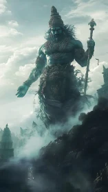 Colossal blue deity towers over misty ancient temples.