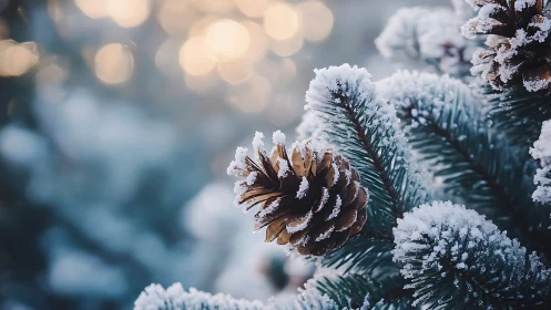 Frosted pine cones on winter branches in soft bokeh glow.