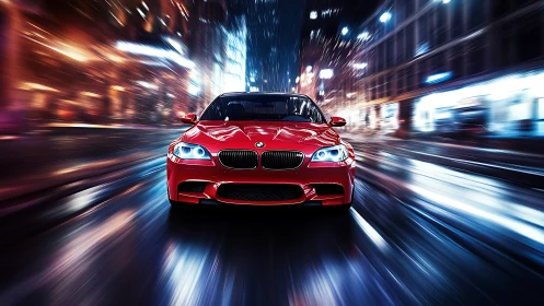 Red sports sedan on wet urban street at night in motion.